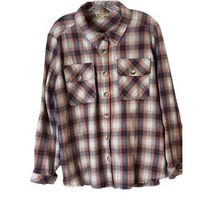 Democracy Women's Plaid Button Up Flannel Top Shacket Sz M‎ Pockets Navy/Coral